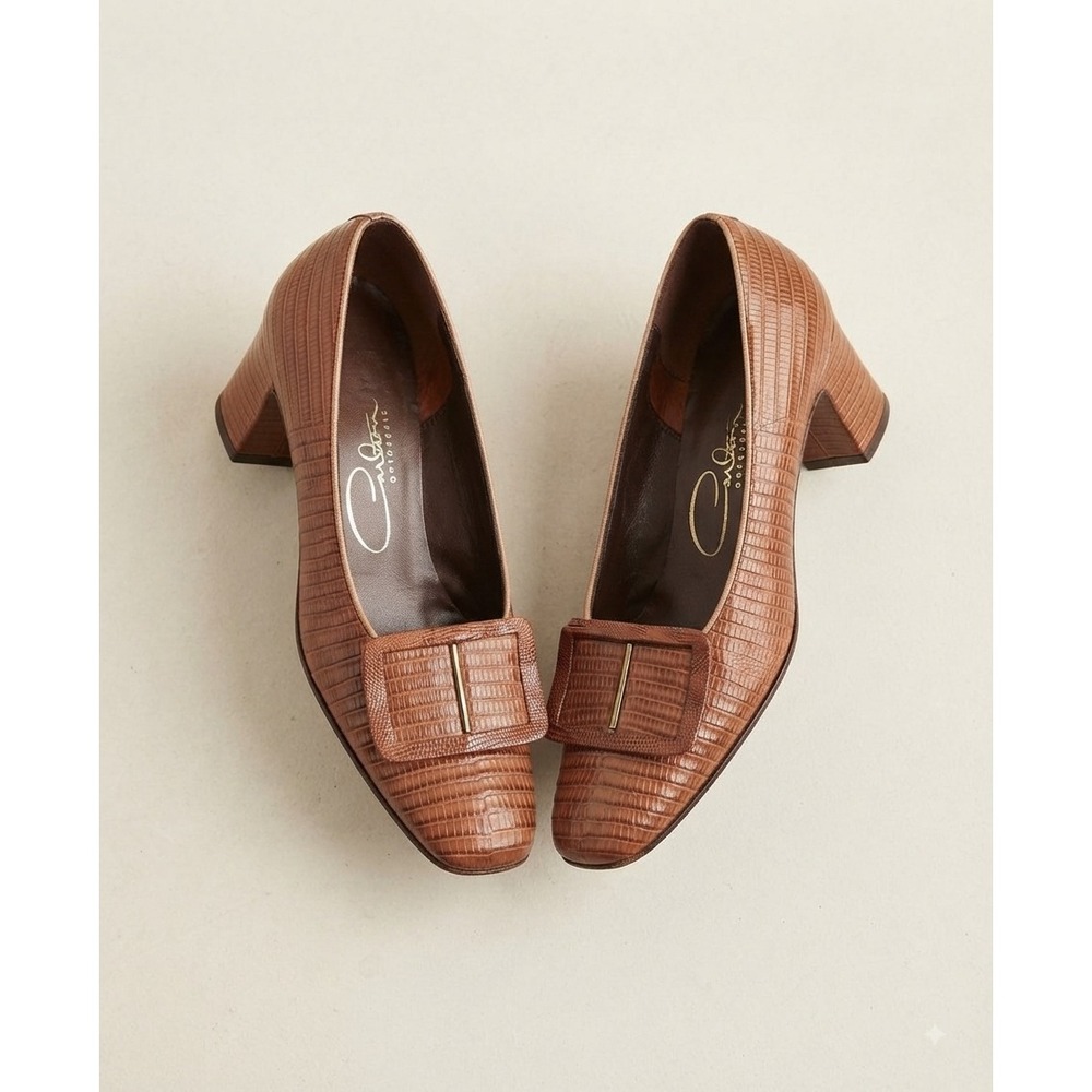 Carlton Originals Vintage Lizard Embossed Leather Buckle Pumps Brown 6.5 AA